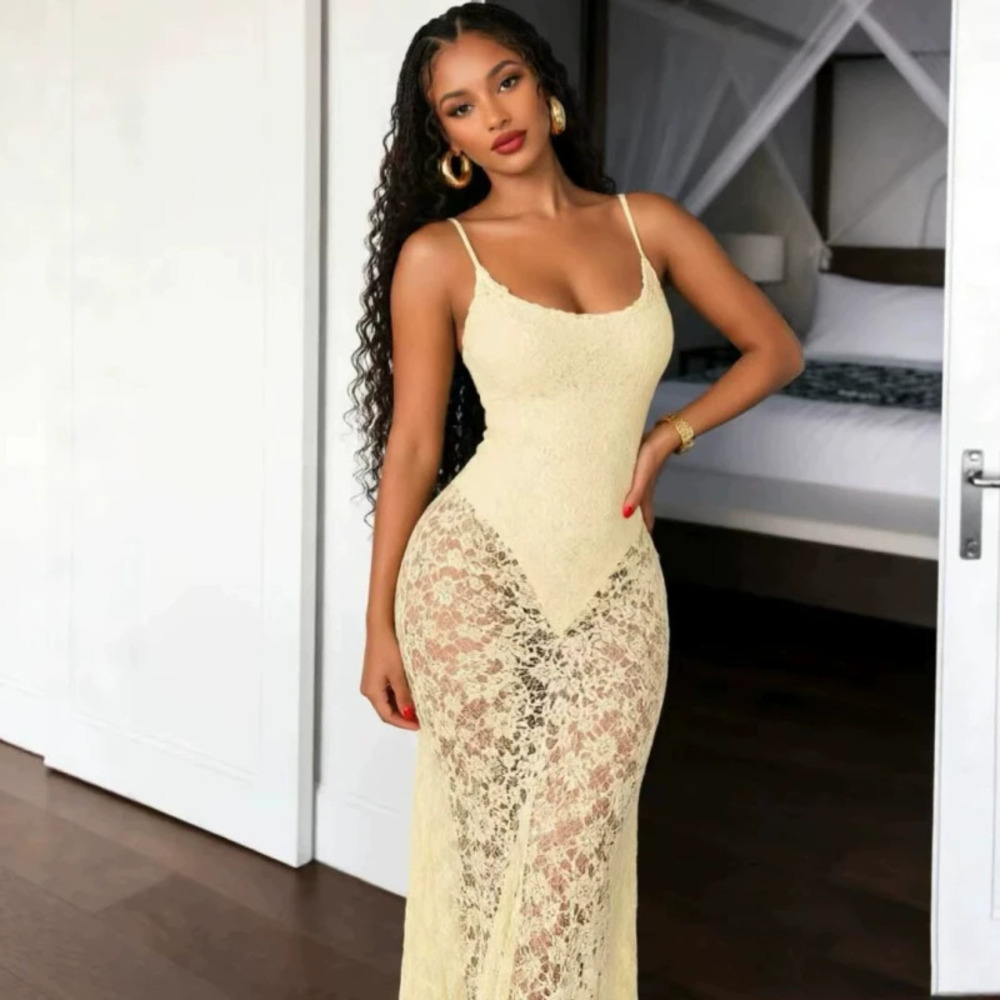 Sexy Lace Spaghetti Strap Bodycon High Waist Sheer African Maxi Dress